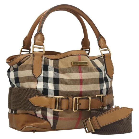 BURBERRY Nova Check Hand Bag Canvas 2way Beige Gold Auth - Picture 2 of 16